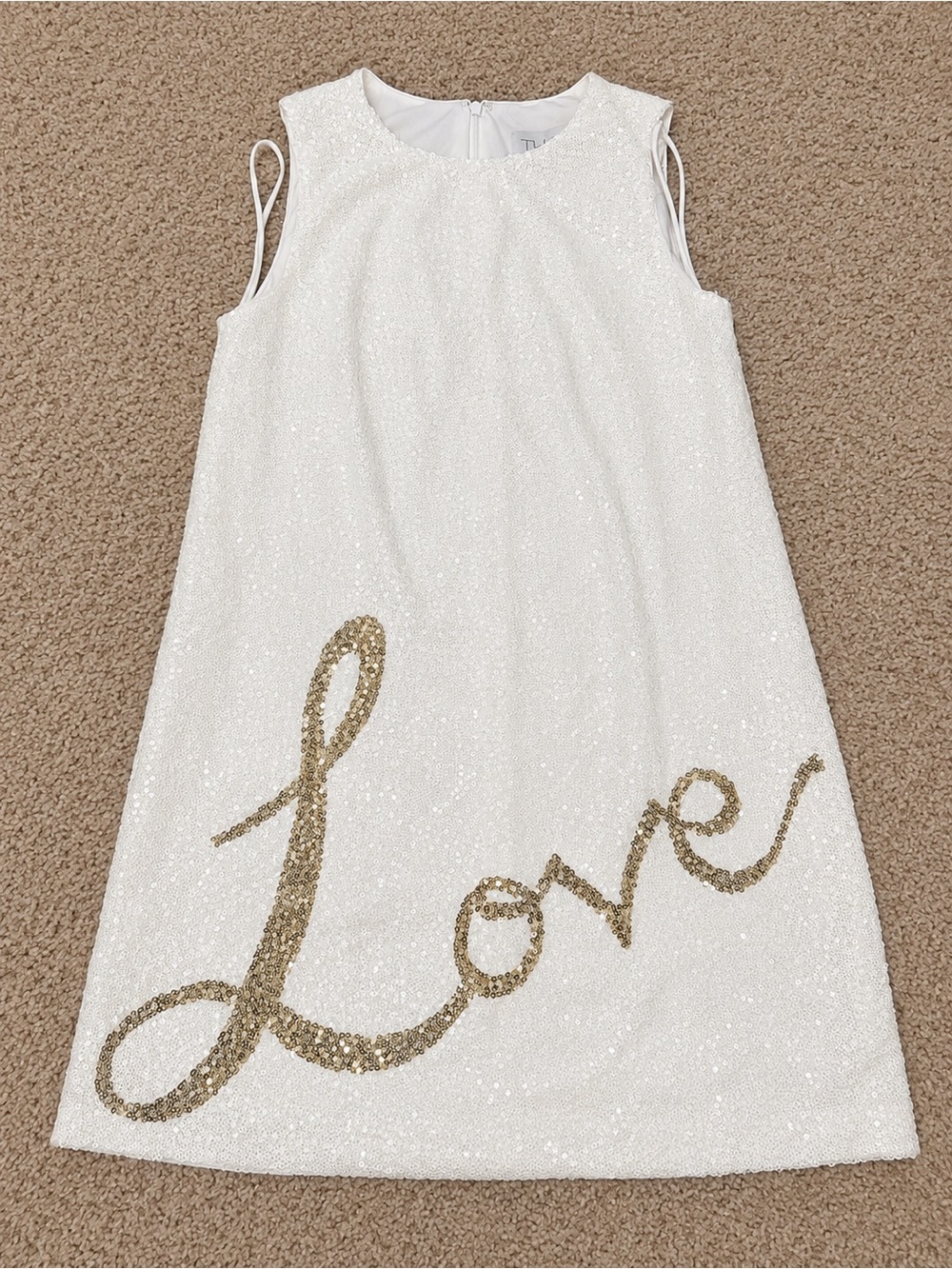 Theia White Sparkle Sleeveless Dress with Gold Sequin 'Love' Script